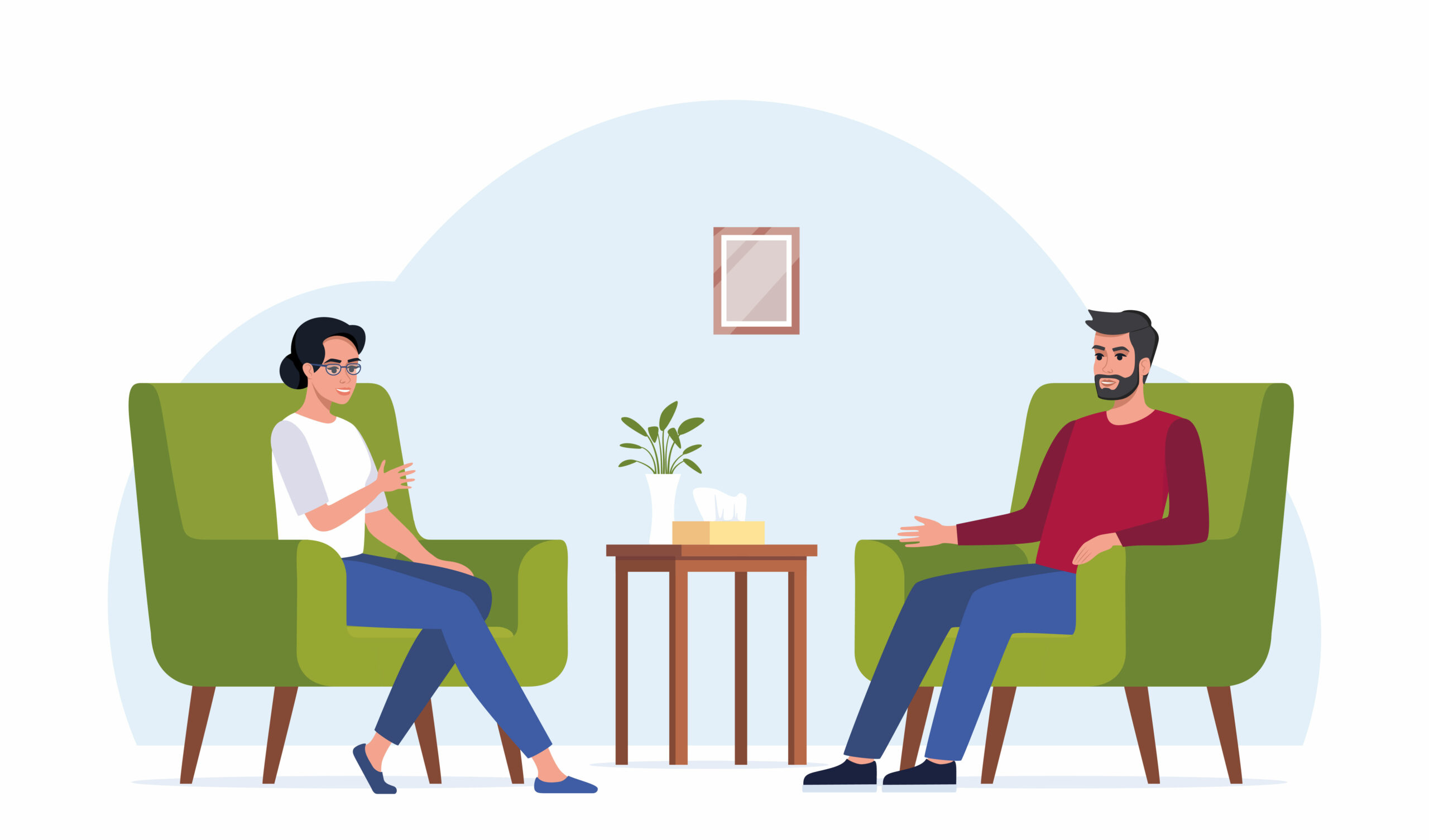 Female psychotherapist has an Individual session with her patient. Man sits on the chair and tells something to his counselor. Talk therapy concept. Vector illustration.