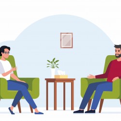 Female psychotherapist has an Individual session with her patient. Man sits on the chair and tells something to his counselor. Talk therapy concept. Vector illustration.